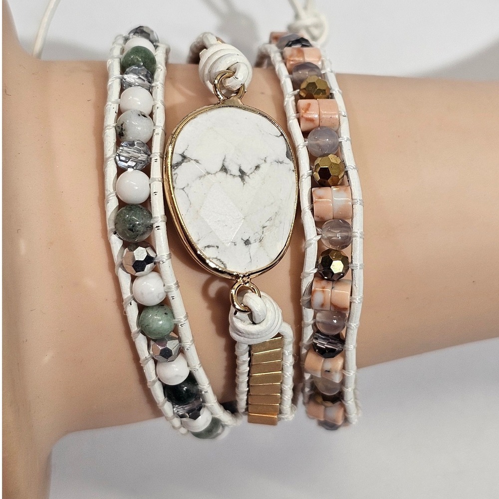 Free Spirit Wrap‎ Bracelet Women White Marble Howlite Stone Beaded Leather Boho